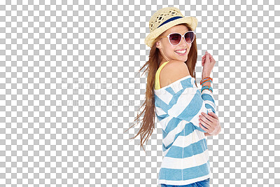 Buy stock photo Portrait, fashion or happy woman with summer clothes, trendy accessories or advertising stylish casual outfit. Commercial, excited happiness and relax person isolated on transparent, png background