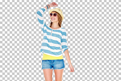 Buy stock photo View, fashion or happy woman with summer clothes, trendy casual outfit and looking at travel vacation destination. Holiday adventure, excited tourist or person isolated on transparent, png background