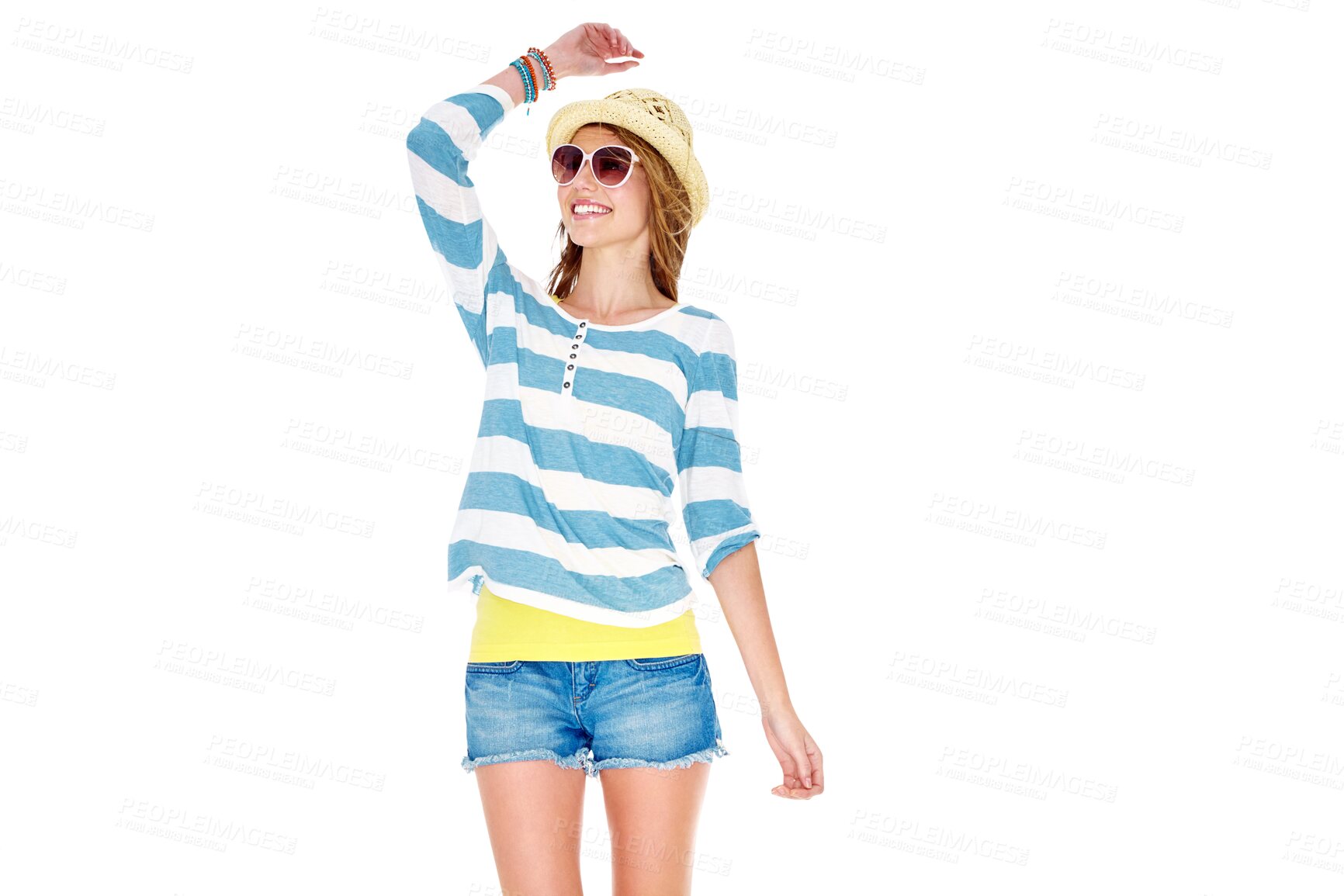 Buy stock photo View, fashion or happy woman with summer clothes, trendy casual outfit and looking at travel vacation destination. Holiday adventure, excited tourist or person isolated on transparent, png background