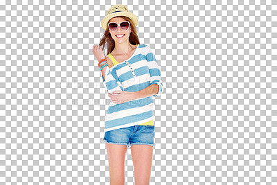 Buy stock photo Fashion, smile and portrait of woman with sunglasses on isolated, png and transparent background. Happy, accessories and female person with confidence in trendy outfit, style and summer clothes