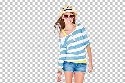 Buy stock photo Summer happiness, fashion portrait and woman with spring clothes, trendy casual outfit and smile on vacation. Holiday freedom, stylish apparel and relax person isolated on transparent, png background