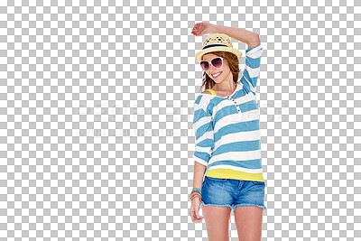 Buy stock photo Summer happiness, fashion and relax woman with bright clothes, spring accessories or trendy casual outfit. Apparel commercial, color and aesthetic person isolated on transparent, png background