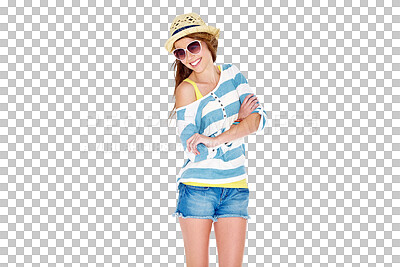 Buy stock photo Summer smile, fashion and happy woman with arms crossed, spring clothes and excited for vacation holiday. Happiness, relax style and young female tourist isolated on transparent, png background