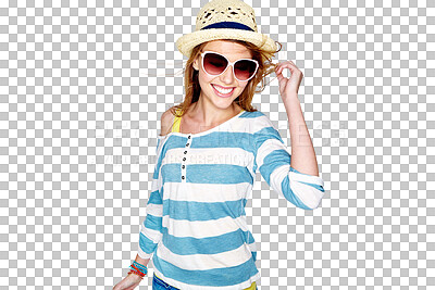 Buy stock photo Summer smile, fashion and happy woman with glasses, trendy clothes or stylish outfit, apparel or youth style. Sunglasses accessory, travel holiday and person isolated on transparent, png background