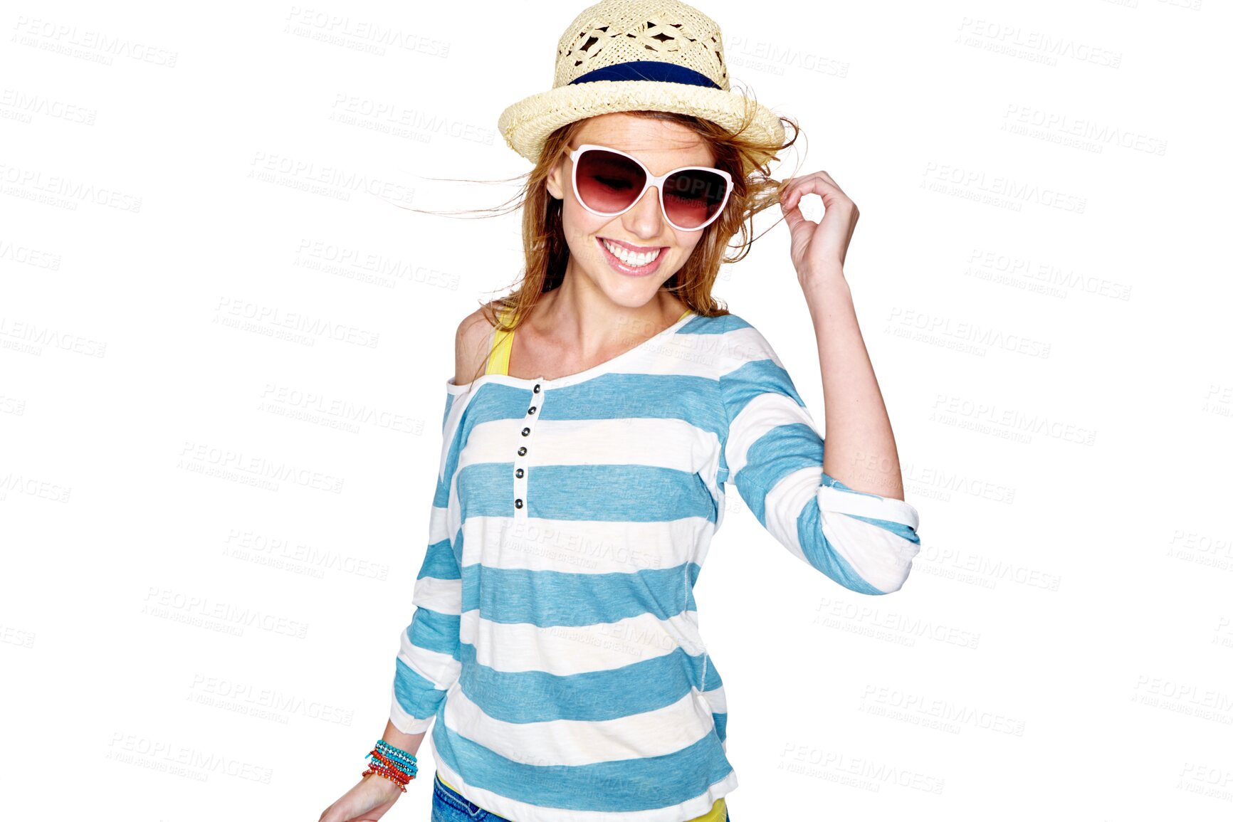 Buy stock photo Summer smile, fashion and happy woman with glasses, trendy clothes or stylish outfit, apparel or youth style. Sunglasses accessory, travel holiday and person isolated on transparent, png background