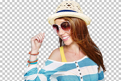 Buy stock photo Isolated woman, sunglasses and straw hat with smile, vacation or happy for spring by transparent png background. Student girl, fashion model and summer aesthetic for style, clothes and holiday