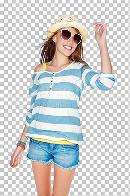 Buy stock photo Fashion, sunglasses and smile of a happy woman model with trendy hat, casual outfit. Happiness, summer clothes and a young person isolated on a transparent, png background for fun and motivation 