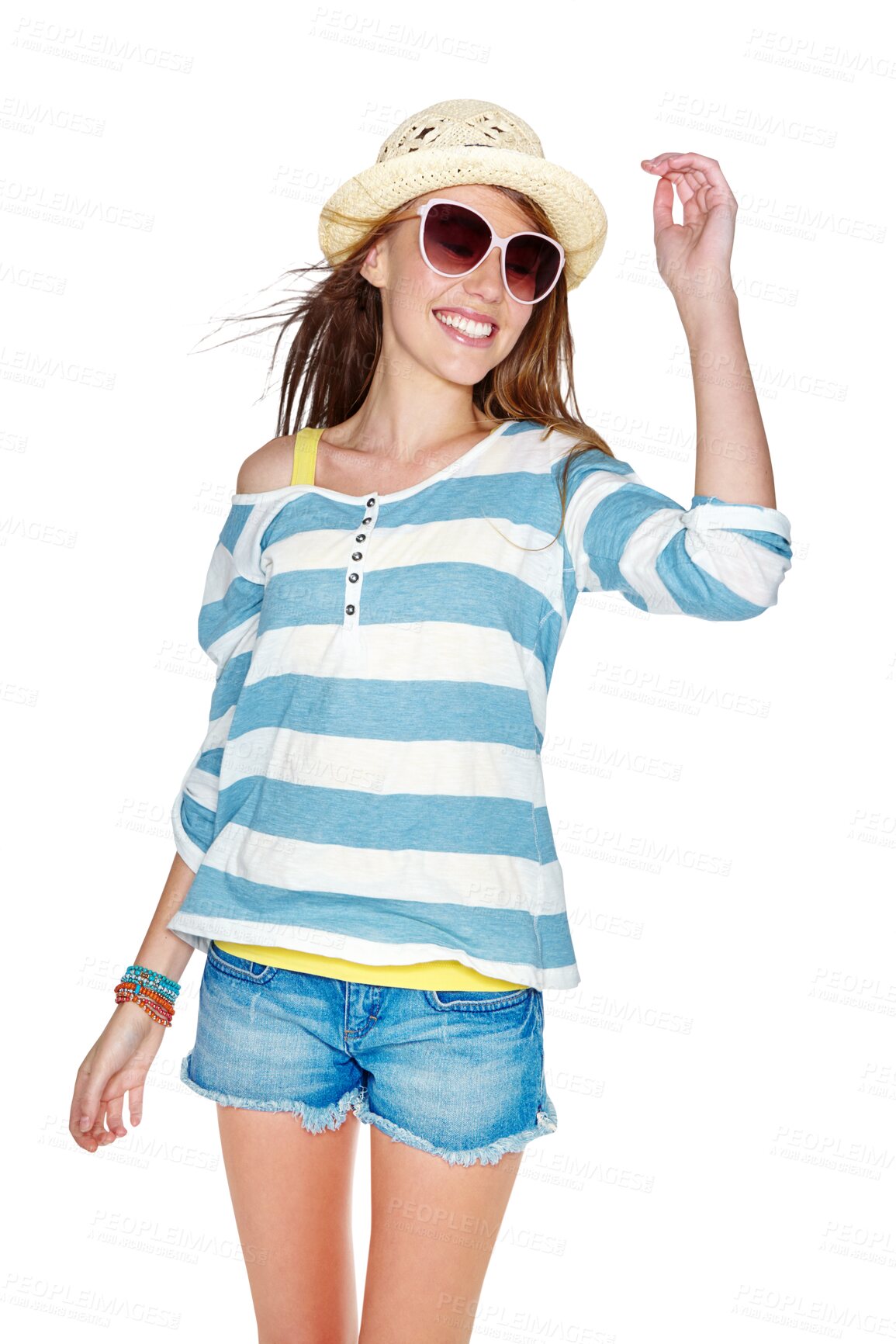 Buy stock photo Fashion, sunglasses and smile of a happy woman model with trendy hat, casual outfit. Happiness, summer clothes and a young person isolated on a transparent, png background for fun and motivation 