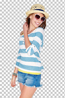 Buy stock photo Isolated woman, sunglasses and straw hat for thinking, smile or memory by transparent png background. Student girl, fashion model and summer aesthetic for idea, focus or vision in clothes for holiday