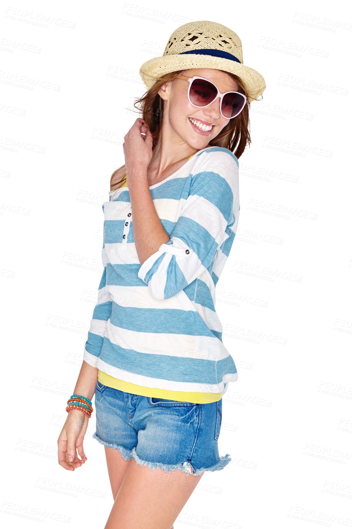 Buy stock photo Isolated woman, sunglasses and straw hat for thinking, smile or memory by transparent png background. Student girl, fashion model and summer aesthetic for idea, focus or vision in clothes for holiday