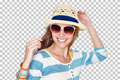 Buy stock photo Sunglasses, fashion and smile of a happy woman model with trendy, casual outfit. Happiness, summer clothes and a young person isolated on a transparent, png background for fun, motivation and energy 