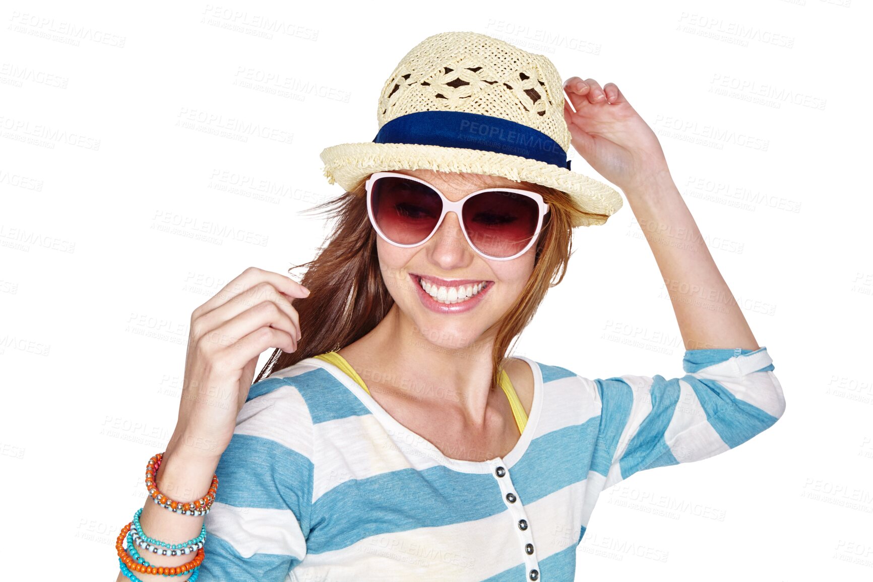 Buy stock photo Sunglasses, fashion and smile of a happy woman model with trendy, casual outfit. Happiness, summer clothes and a young person isolated on a transparent, png background for fun, motivation and energy 