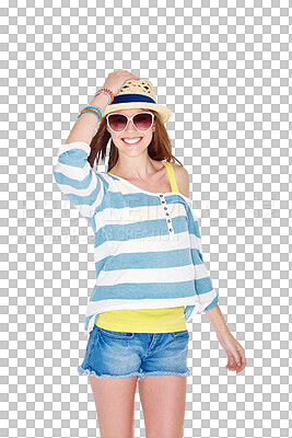 Buy stock photo Fashion, clothes and portrait of woman with sunglasses on isolated, png and transparent background. Happy, sun hat and female person with confidence in trendy outfit, style and summer accessories