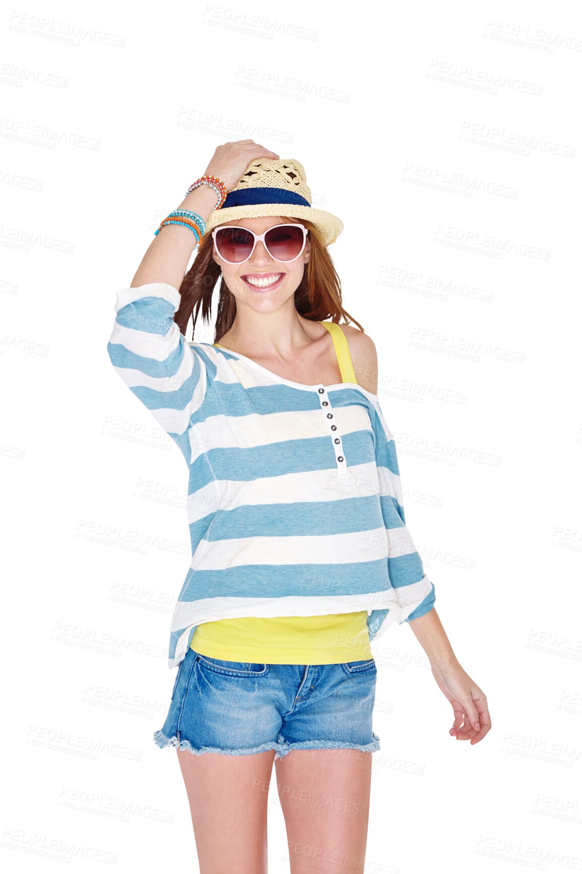 Buy stock photo Fashion, clothes and portrait of woman with sunglasses on isolated, png and transparent background. Happy, sun hat and female person with confidence in trendy outfit, style and summer accessories