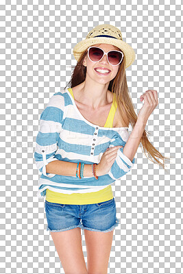 Buy stock photo Smile, fashion and sunglasses of a happy woman model with trendy, casual outfit. Happiness, summer clothes and a young person isolated on a transparent, png background for fun, motivation and energy 