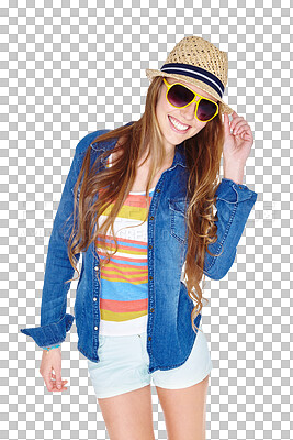 Buy stock photo Happy, fashion and sunglasses of woman model with smile, hat and casual outfit. Happiness, summer clothes and a young person isolated on a transparent, png background for fun, cool and trendy style 