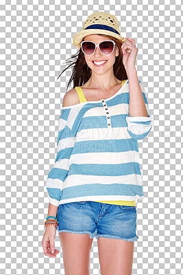 Buy stock photo Fashion, sunglasses and portrait of woman with smile on isolated, png and transparent background. Happy, summer accessory and female person with confidence in trendy outfit, style and casual clothes