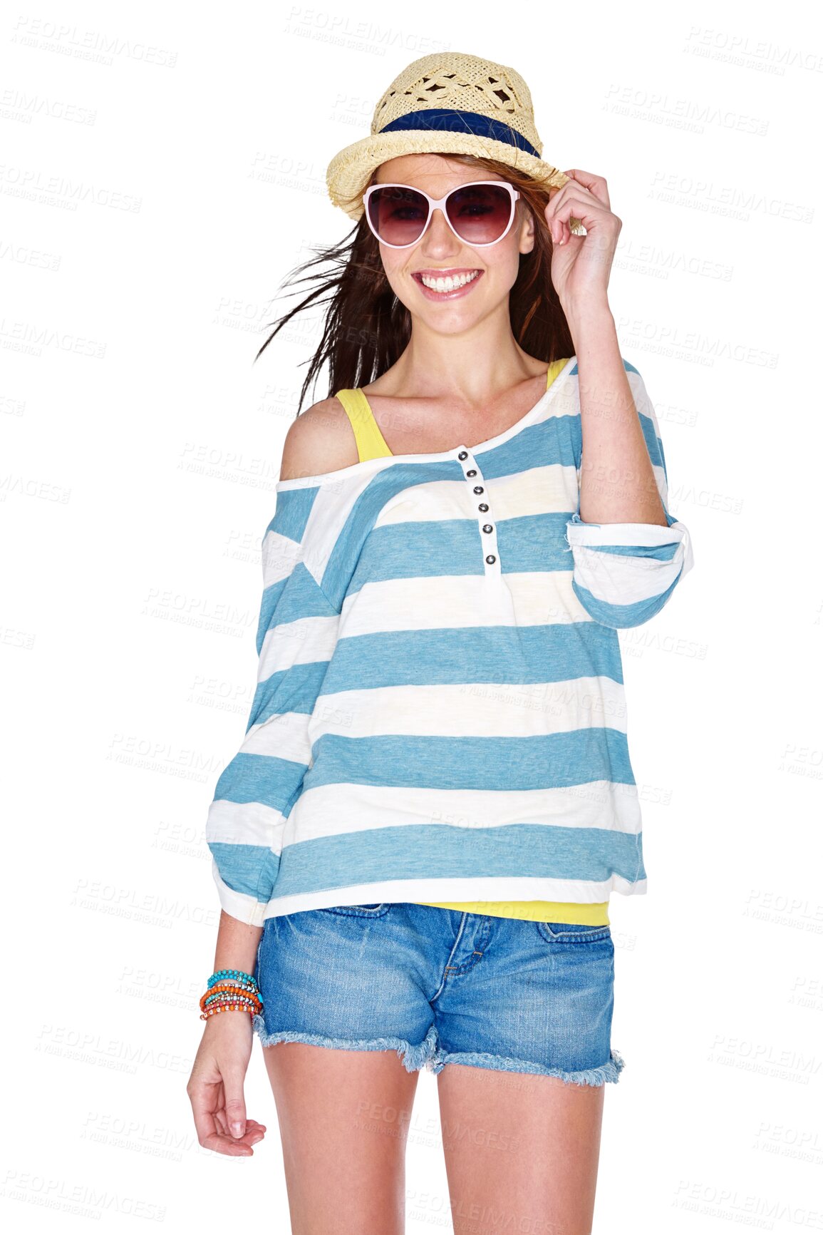 Buy stock photo Fashion, sunglasses and portrait of woman with smile on isolated, png and transparent background. Happy, summer accessory and female person with confidence in trendy outfit, style and casual clothes