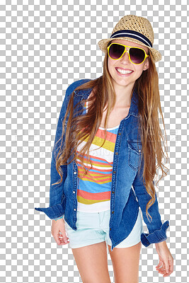 Buy stock photo Casual, fashion sunglasses and smile of a happy woman model with a trendy outfit. Hipster, summer clothes and a young person isolated on a transparent, png background for fun, motivation and style 