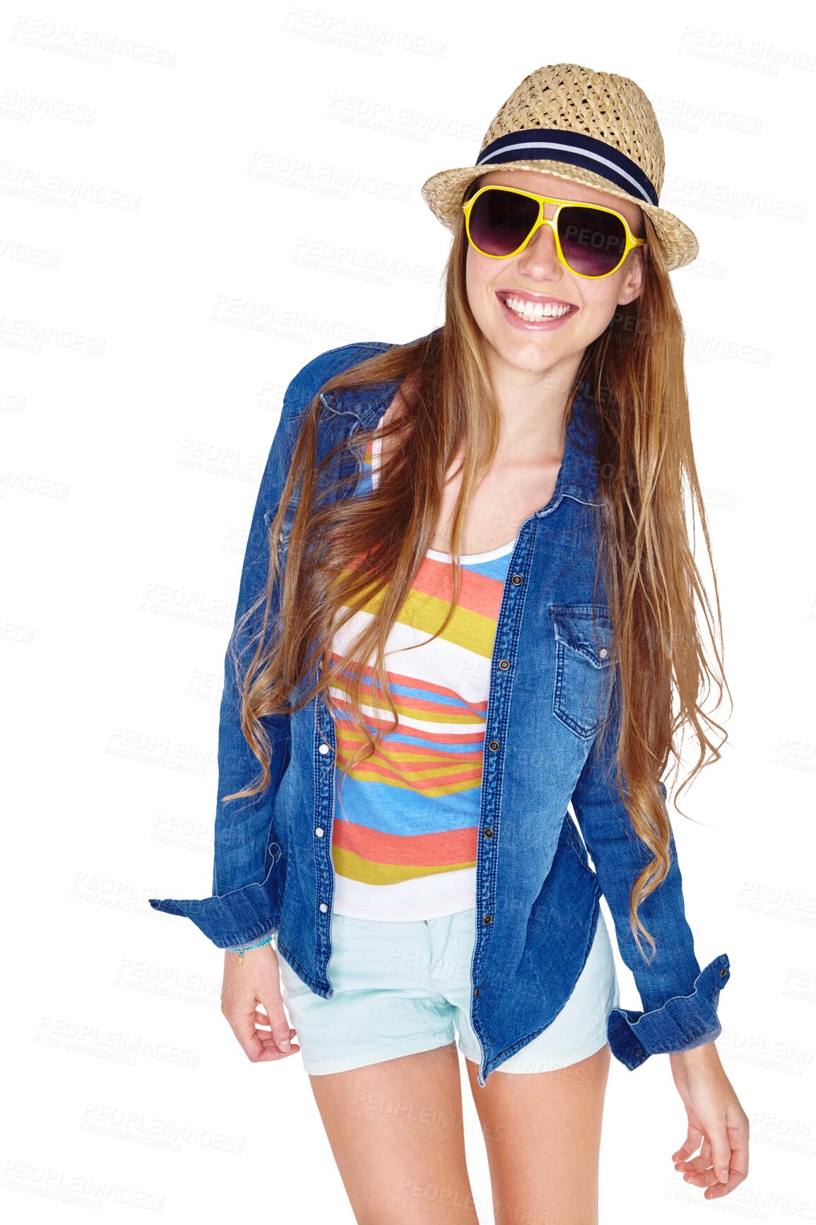 Buy stock photo Casual, fashion sunglasses and smile of a happy woman model with a trendy outfit. Hipster, summer clothes and a young person isolated on a transparent, png background for fun, motivation and style 