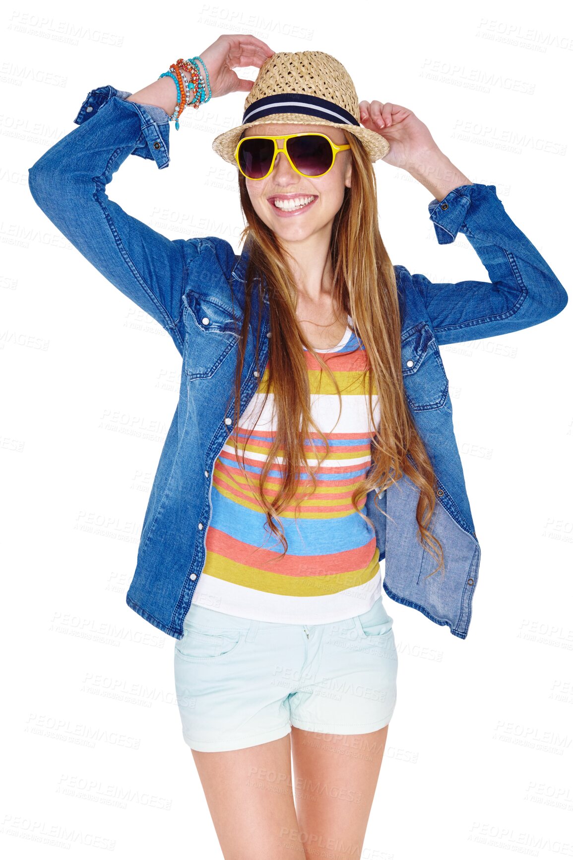 Buy stock photo Fashion sunglasses, casual style and a happy woman model with a trendy outfit and hat. Hipster, summer clothes and smile a young person isolated on a transparent, png background for fun and happiness