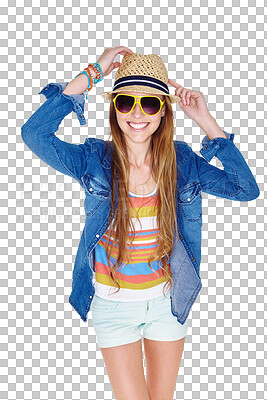 Buy stock photo Fashion, casual and sunglasses of a happy woman or model with a trendy outfit and hat. Hipster, summer clothes and smile of young person isolated on transparent, png background for fun and style 