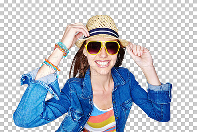 Buy stock photo Fashion sunglasses, smile and a happy woman or model with a trendy outfit. Hipster, casual clothes and a excited young person isolated on a transparent, png background for fun, summer and style 