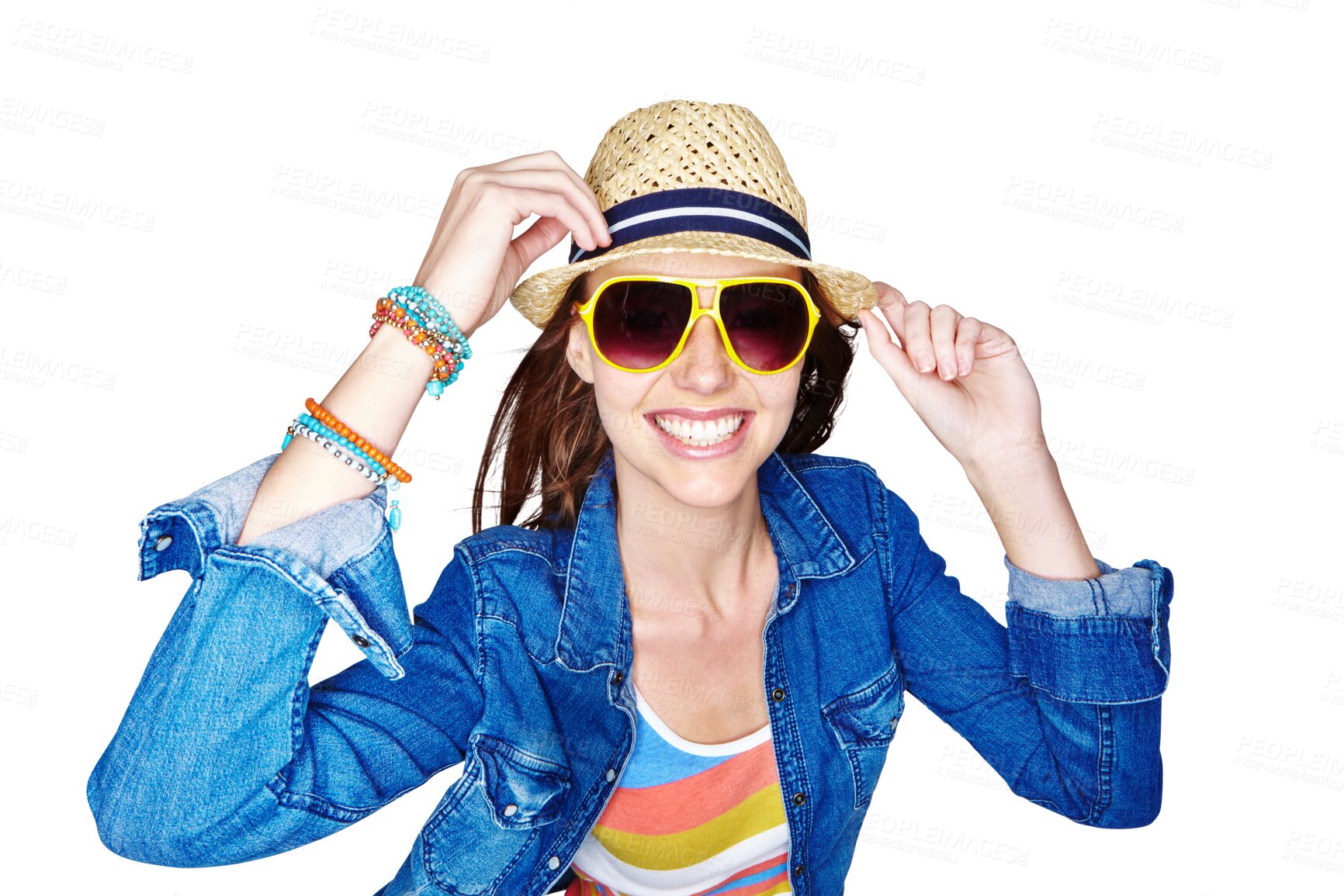 Buy stock photo Fashion sunglasses, smile and a happy woman or model with a trendy outfit. Hipster, casual clothes and a excited young person isolated on a transparent, png background for fun, summer and style 