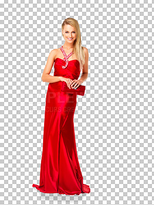 Buy stock photo Woman, fashion and smile in red dress for party, bridesmaid and formal event isolated on transparent png background. Portrait of happy female model, luxury evening gown and elegant silk clothes