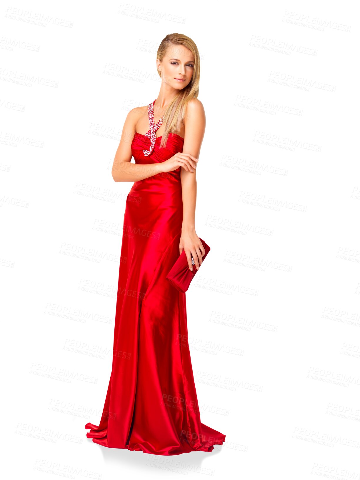 Buy stock photo Woman, fashion and silk red dress for party, bridesmaid and formal event isolated on transparent png background. Portrait of confident female model, luxury evening gown and elegant designer clothes