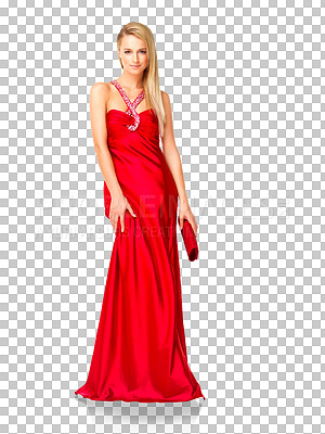 Buy stock photo Portrait, woman and red evening dress for party, fancy style or formal celebration isolated on transparent png background. Fashion, female model and luxury silk clothes with bag for classy prom event