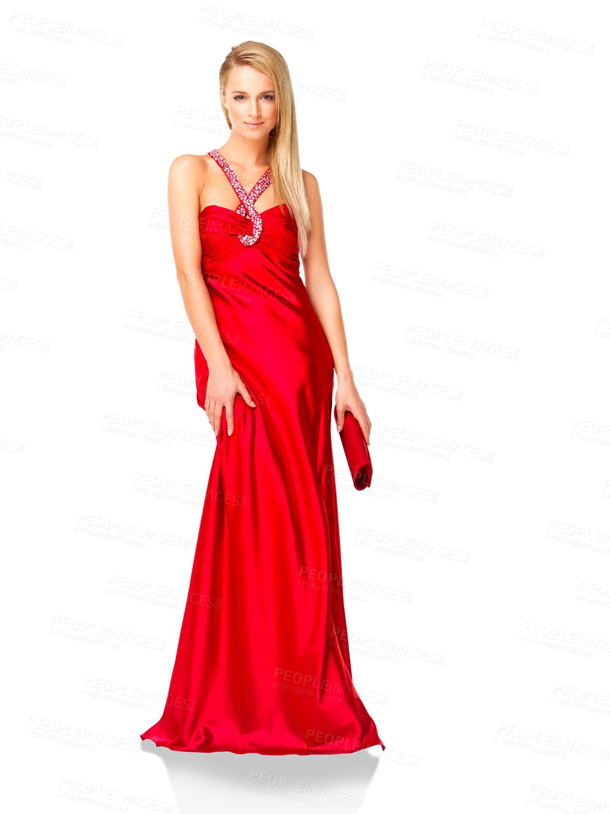 Buy stock photo Portrait, woman and red evening dress for party, fancy style or formal celebration isolated on transparent png background. Fashion, female model and luxury silk clothes with bag for classy prom event