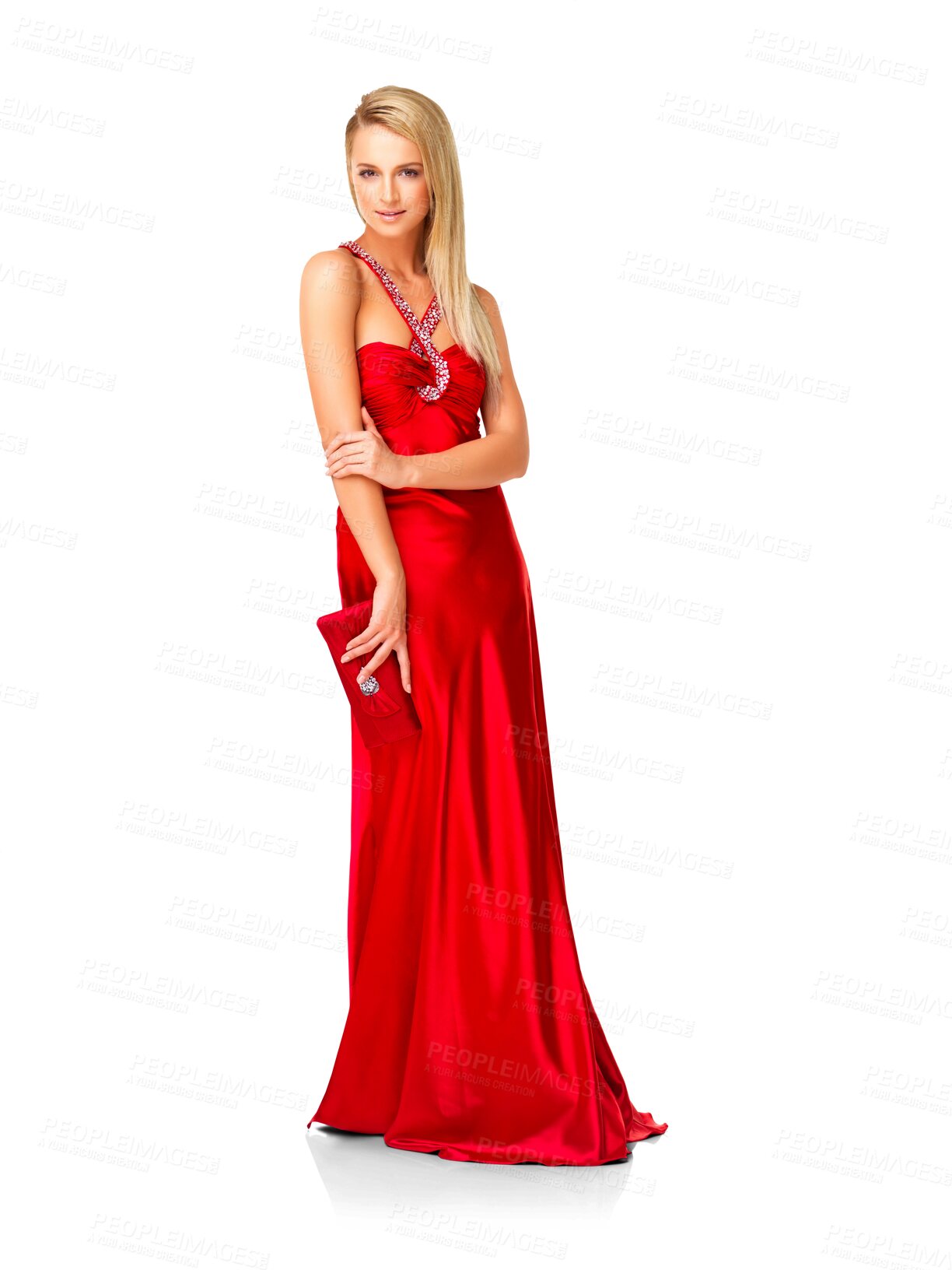 Buy stock photo Luxury fashion, beauty and woman in red dress, evening gown and style of bridesmaid, formal event or isolated on transparent png background. Portrait of female model in designer clothes, bag or party