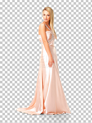 Buy stock photo Fashion, portrait and classy with a woman bridesmaid in an elegant dress isolated on transparent background. Beauty, style or glamour with a young model in a wedding outfit for a party event on PNG