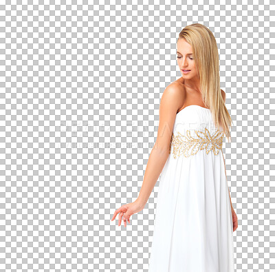 Buy stock photo Isolated woman, ball gown and elegance with beauty, thinking and event for bride by transparent png background. Girl, model and clothes for party, celebration and prom for gala or wedding style