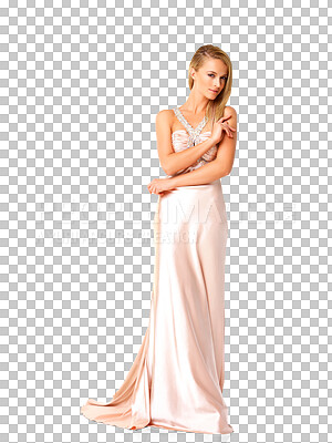 Buy stock photo Portrait, fashion and confidence with a woman bridesmaid in an elegant dress isolated on transparent background. Beauty, wedding style and a young model in a classy outfit for a party event on PNG