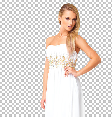 Sophisticated young woman in lovely dress on white