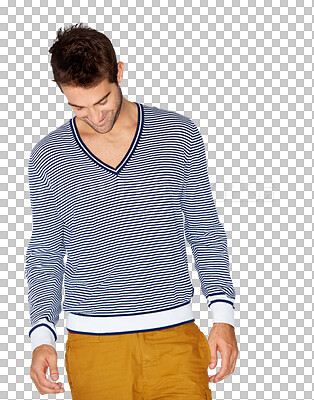 Buy stock photo Fashion, casual style and a man or model isolated on a transparent, png background. Handsome young male person with a shy smile and trendy clothes or stylish outfit for motivation and inspiration 