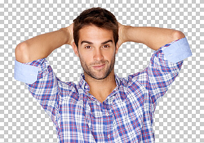 Buy stock photo Relax with confident, smile and portrait of a man with pride, happiness or casual fashion on isolated, transparent or png background. Happy, guy and face with calm, sexy pose or cool plaid shirt