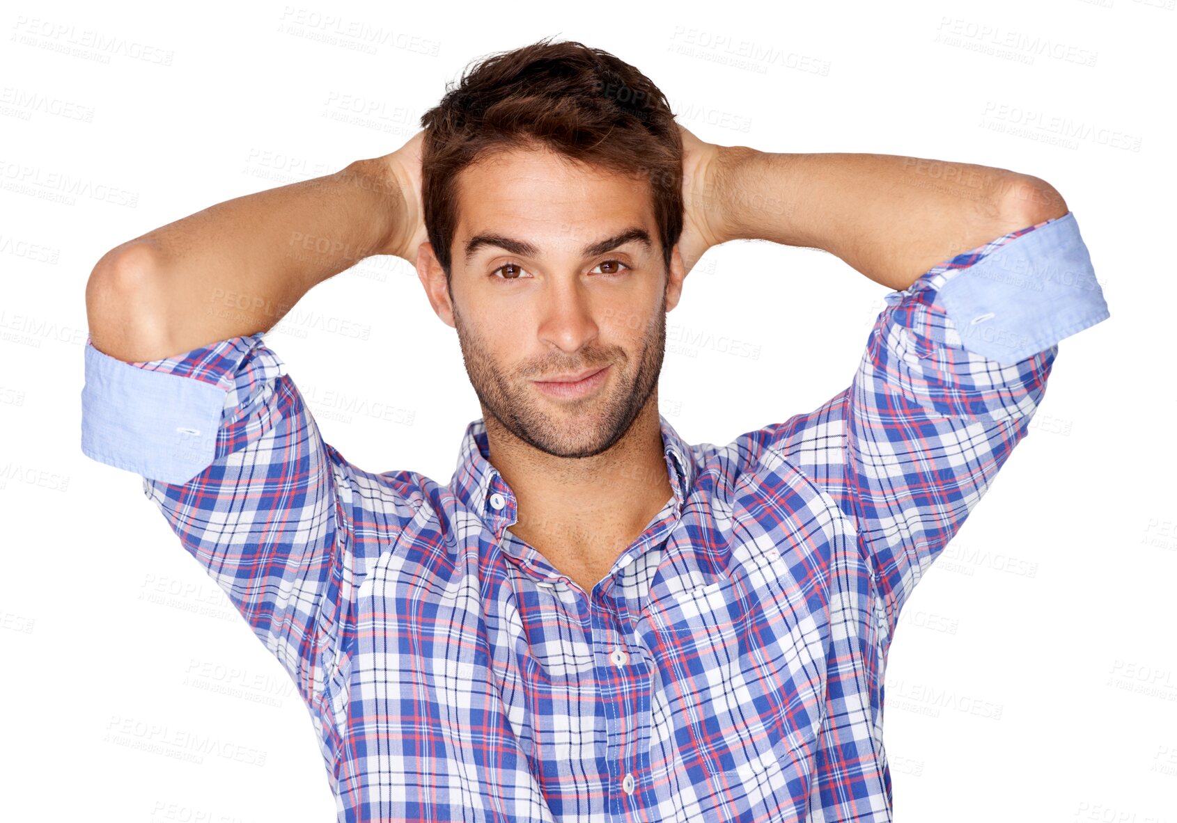 Buy stock photo Relax with confident, smile and portrait of a man with pride, happiness or casual fashion on isolated, transparent or png background. Happy, guy and face with calm, sexy pose or cool plaid shirt