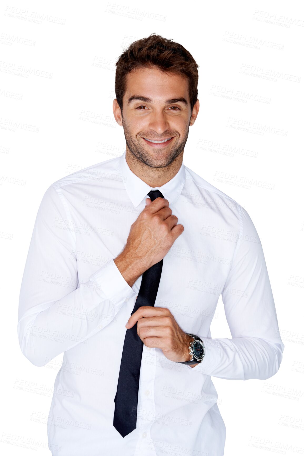 Buy stock photo Portrait, business and man with a smile, tie and formal guy isolated against a transparent background. Face, male person and model with style, clothes and wellness with png, fashion and corporate