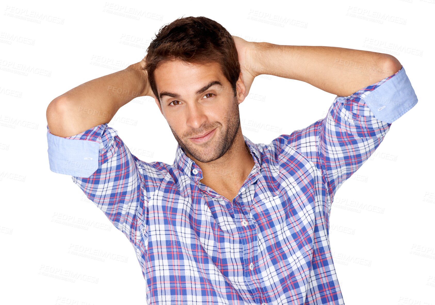 Buy stock photo Confident, sexy smile and portrait of a man with pride, happiness or casual fashion to relax on isolated, transparent or png background. Happy, guy and face with calm or cool pose in plaid shirt