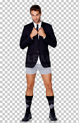 Buy stock photo Suit jacket, underwear and portrait of man with elegant morning outfit for remote work. Handsome, formal and full body of young male model with fancy fashion isolated by a transparent png background.