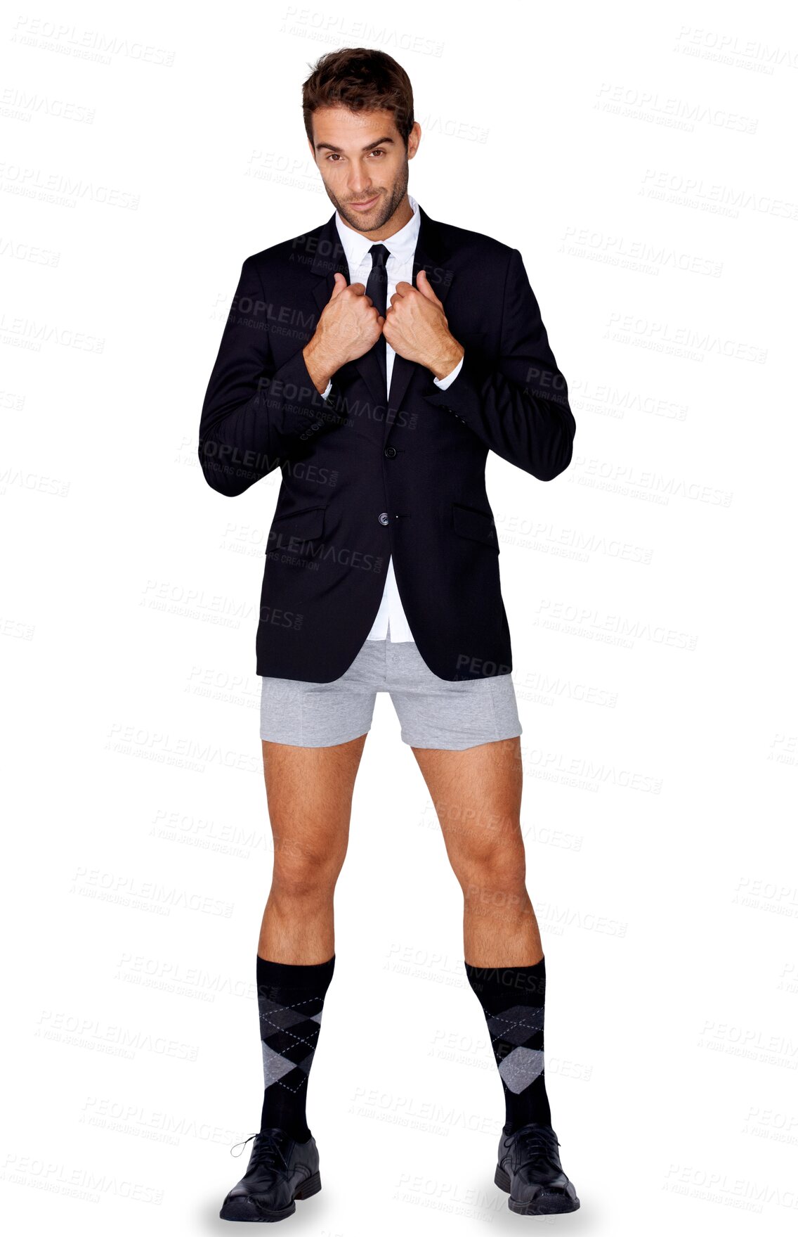 Buy stock photo Suit jacket, underwear and portrait of man with elegant morning outfit for remote work. Handsome, formal and full body of young male model with fancy fashion isolated by a transparent png background.