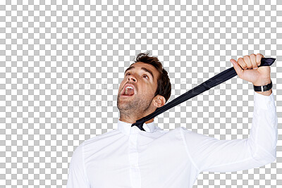 Buy stock photo Stress, depressed man and neck tie for scream, fail or mental health for stock crash by transparent png background. Young accountant, crisis and mental health for burnout, anxiety and depression