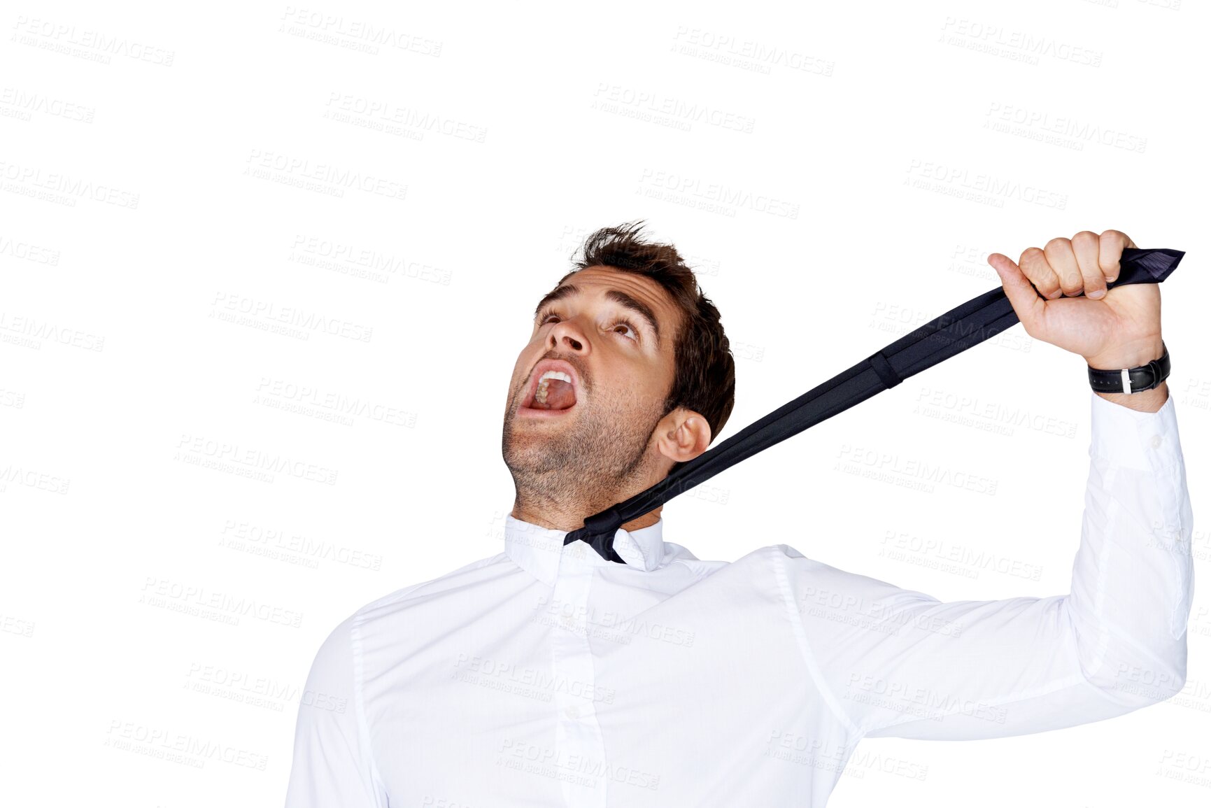 Buy stock photo Stress, depressed man and neck tie for scream, fail or mental health for stock crash by transparent png background. Young accountant, crisis and mental health for burnout, anxiety and depression