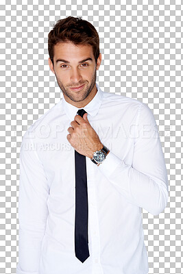 Buy stock photo Portrait, fashion and smile with a business man in a tie isolated on transparent background for a classy event. Confident, style or shirt with a happy young male model on PNG for a wedding in america