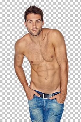 Buy stock photo Shirtless, sexy and portrait of a man or model isolated on a transparent, png background. Handsome young male person or bodybuilder for fitness, sports and body wellness or strong muscle motivation