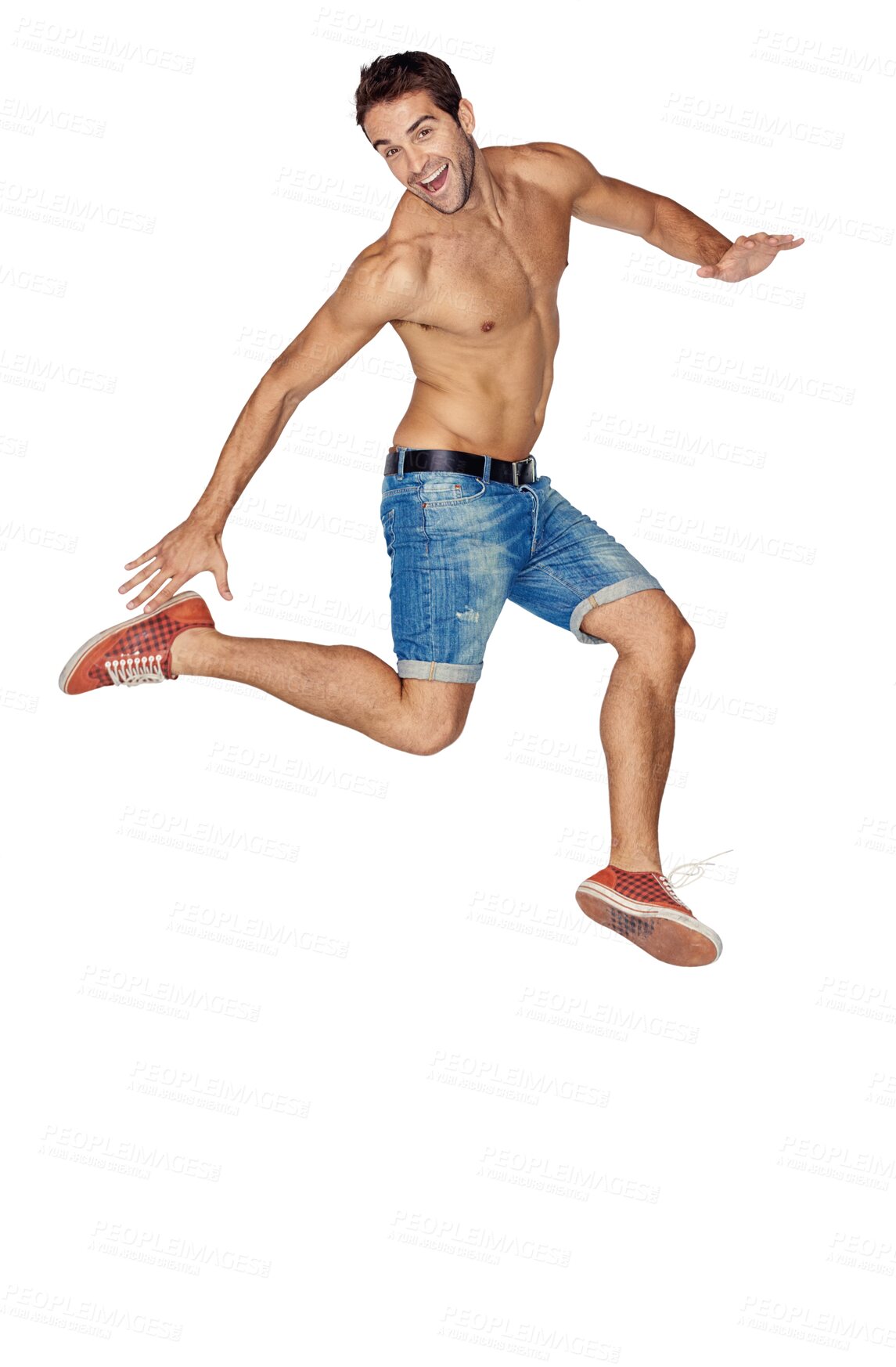 Buy stock photo Portrait, excited and man jump in shorts isolated on a transparent png background. Celebration, winner and funny person leap with energy for success, dance and exercise action for healthy body muscle