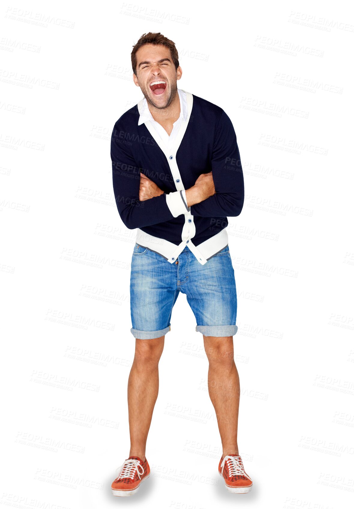 Buy stock photo Fashion, frustrated and arms crossed with a shouting man isolated on a transparent background during a mental breakdown. Stress, anxiety and voice with an annoyed young male person screaming on PNG